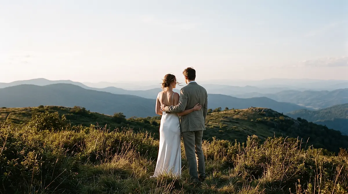 Bride and groom standing close together on a grassy mountain ridge at golden hour, with layered Blue Ridge mountains fading into haze behind them.