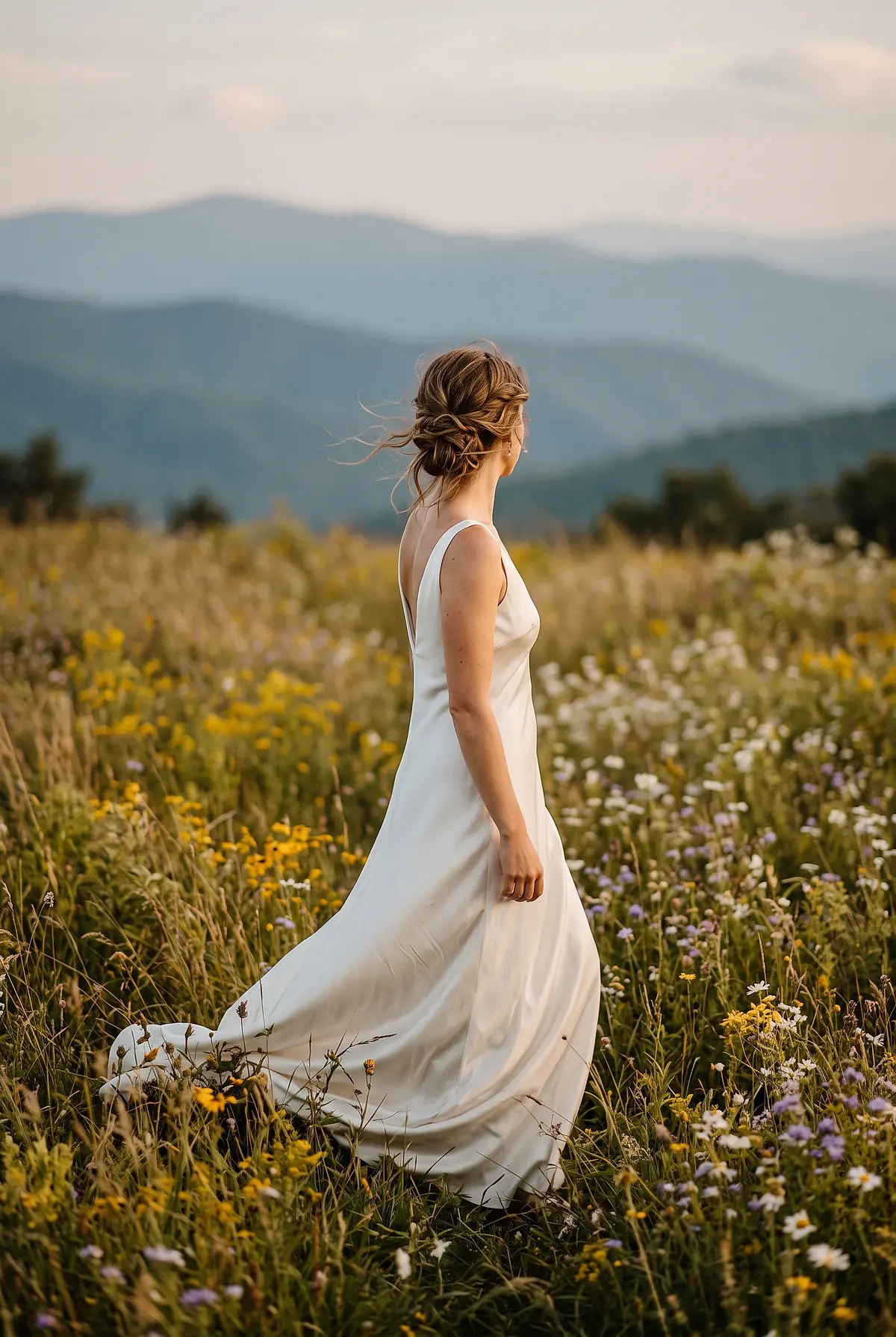 A bride in a silk dress standing in a mountain wildflower meadow, looking away from the camera.
