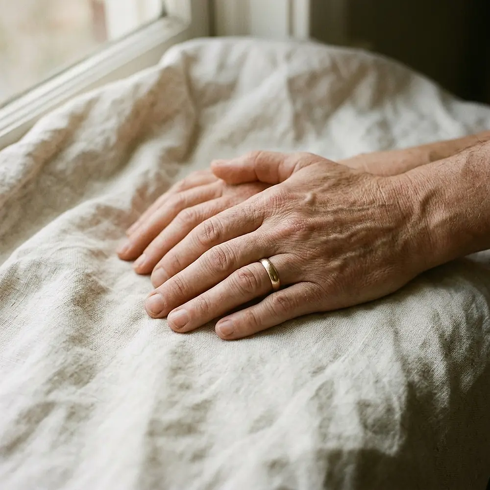 Close-up of two hands resting together on linen, one wearing a gold wedding ring.