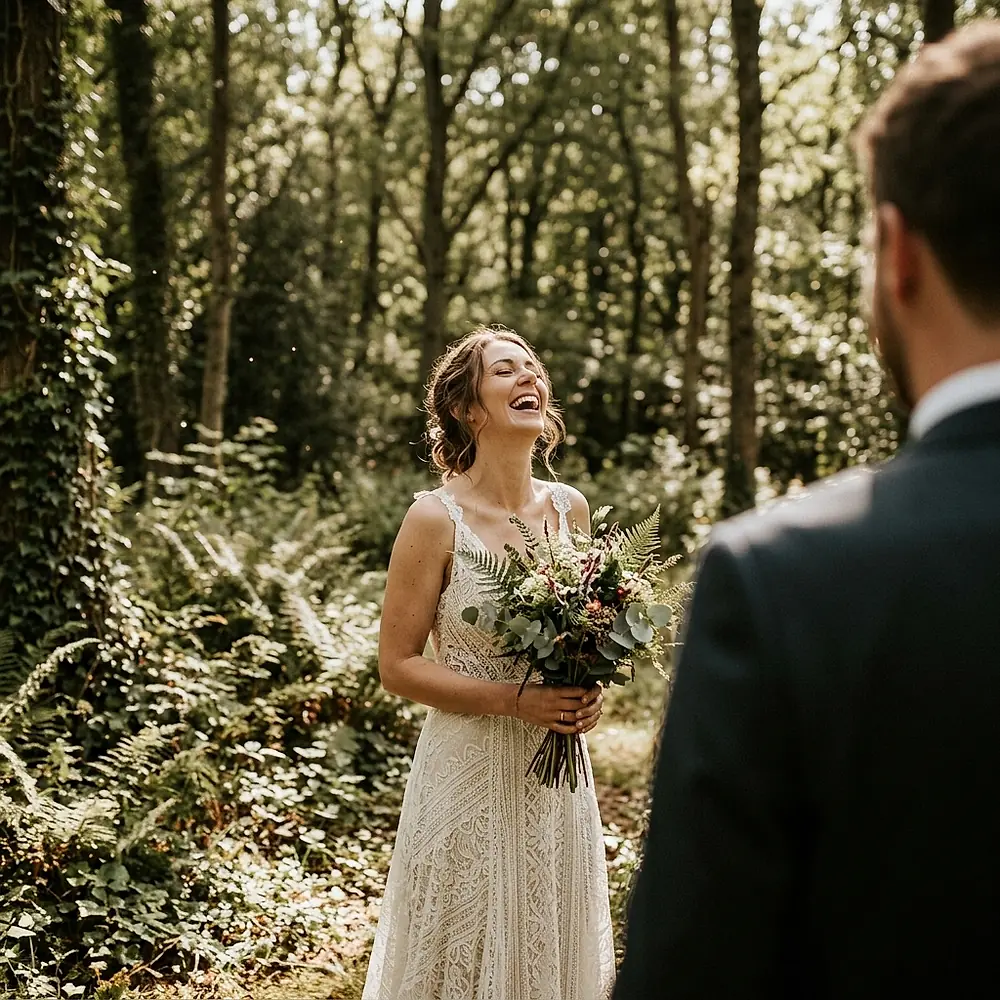 A bride laughing during a first look in a woodland clearing.