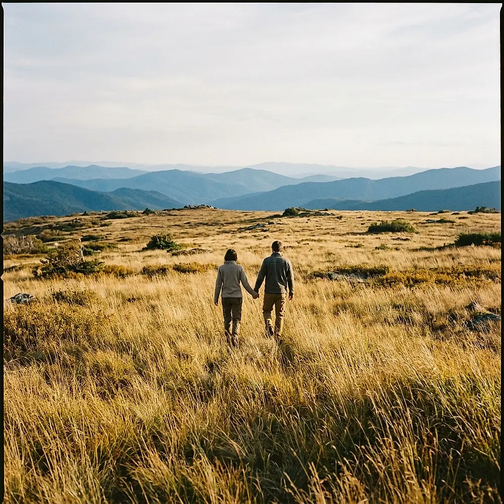 A couple walking hand in hand through tall grass with mountain ridges behind them.