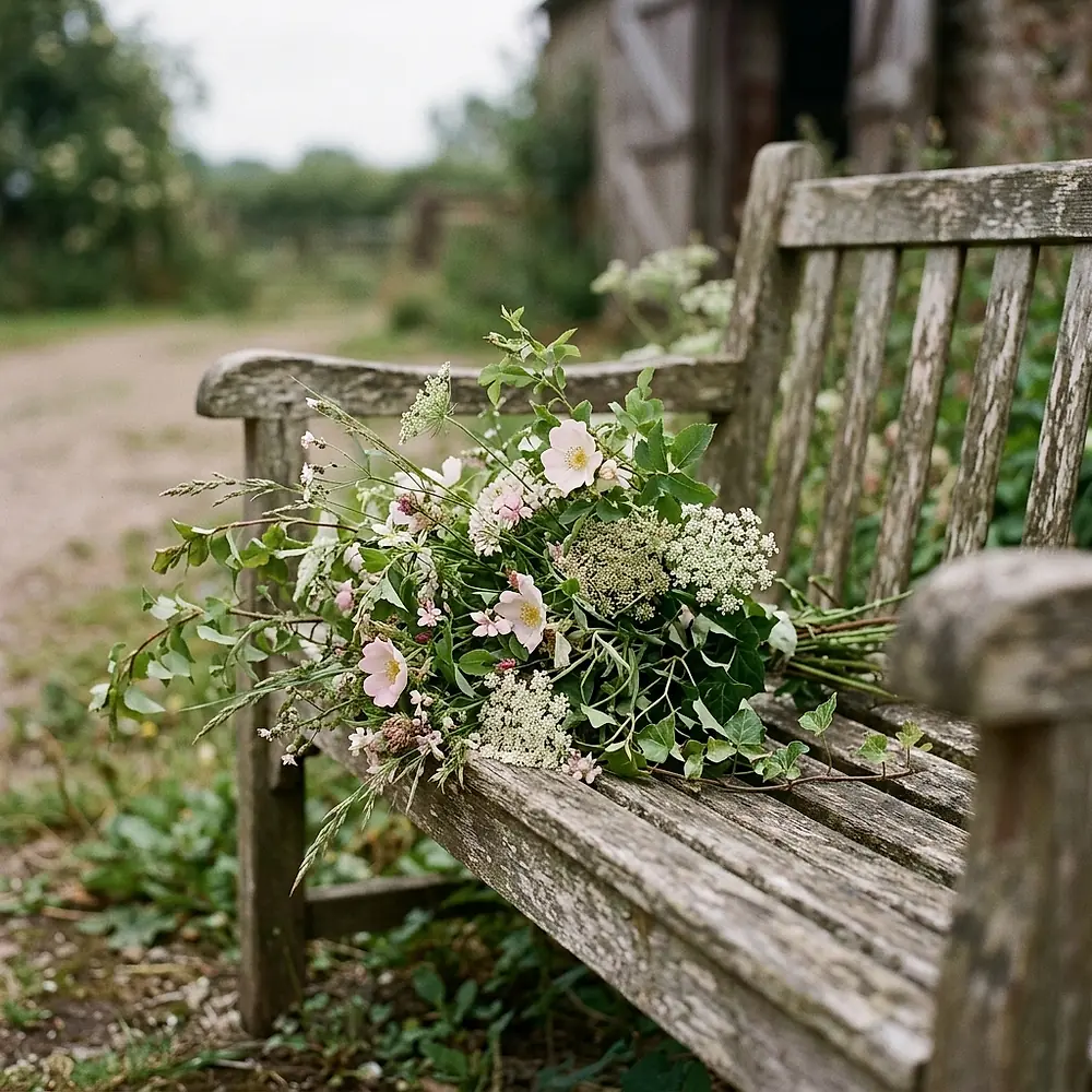 A bouquet of wildflowers resting on a weathered wooden bench outdoors.