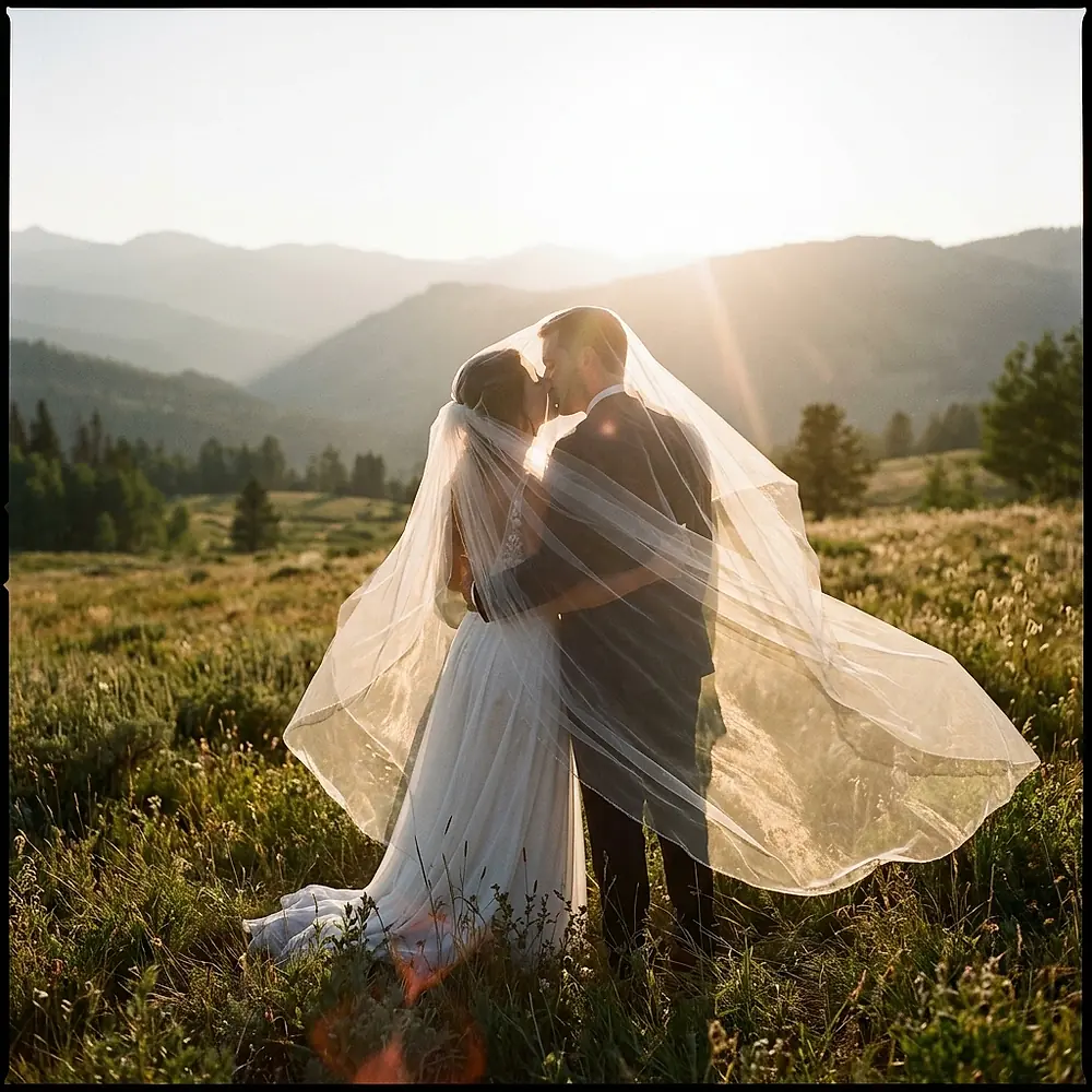 A couple kissing under a veil lifted by the wind, backlit by low sun in a mountain meadow.