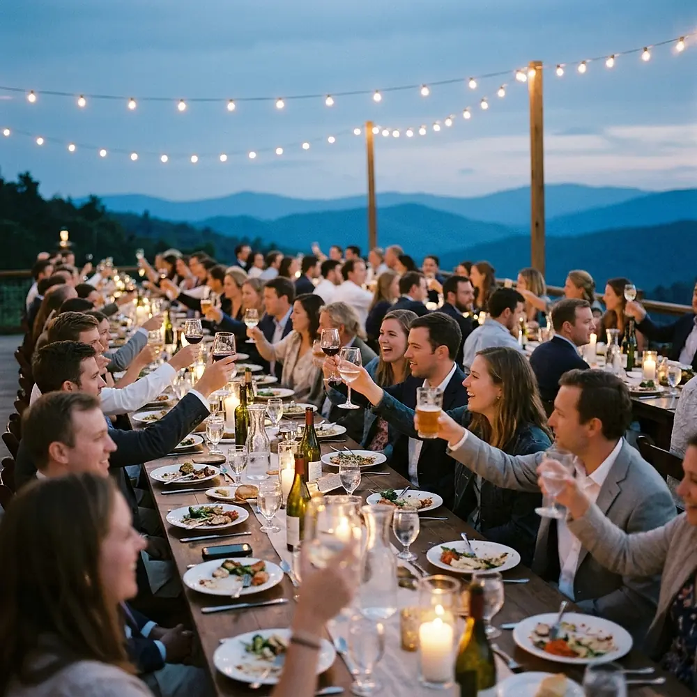 Guests at a long outdoor reception table raising their glasses in a toast at dusk.