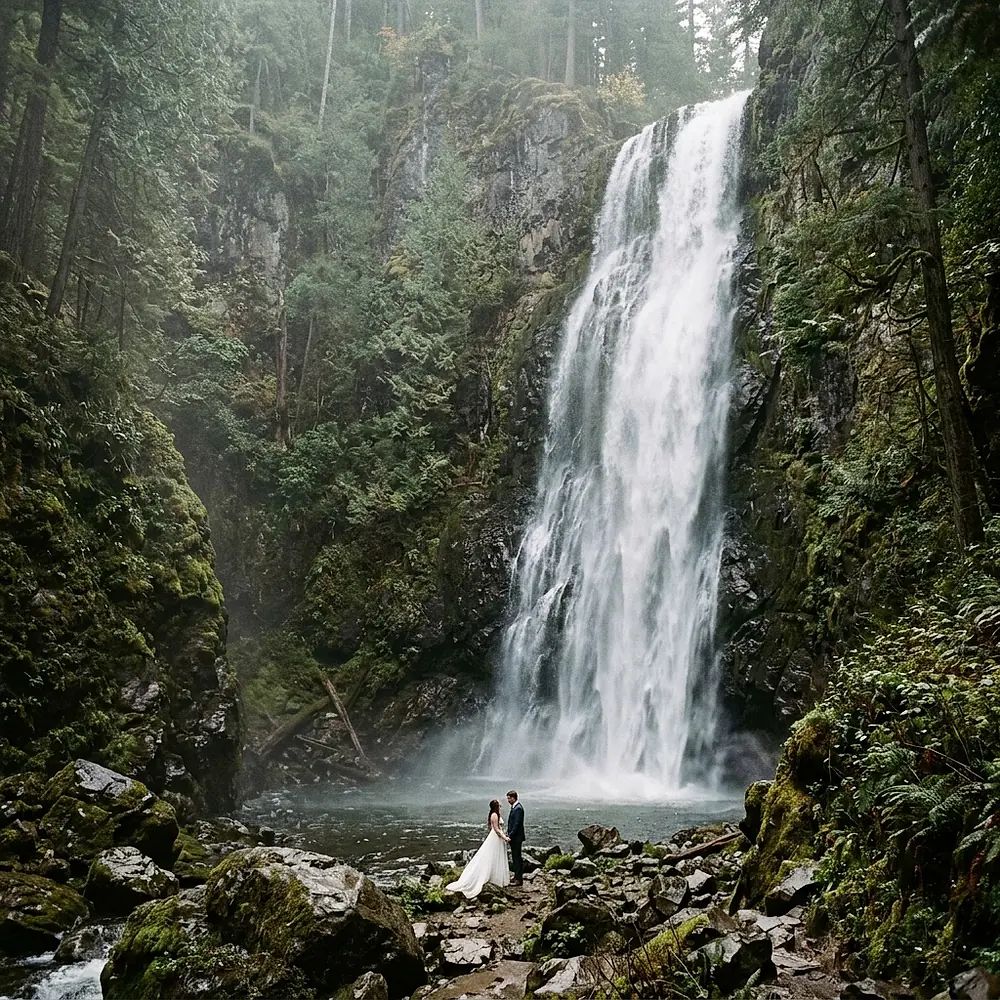 A bride and groom standing small in the frame at the base of a tall forest waterfall.