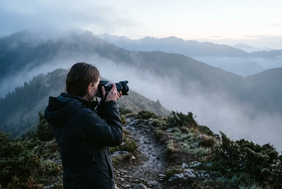 Maya Ellison holding a camera up to her eye on a misty mountain trail at dawn.