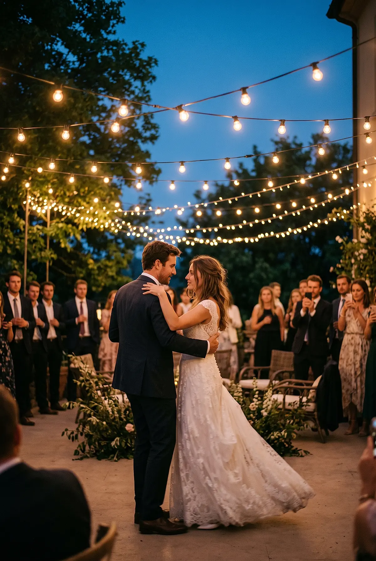 A bride and groom dancing their first dance under string lights on an outdoor terrace at dusk.