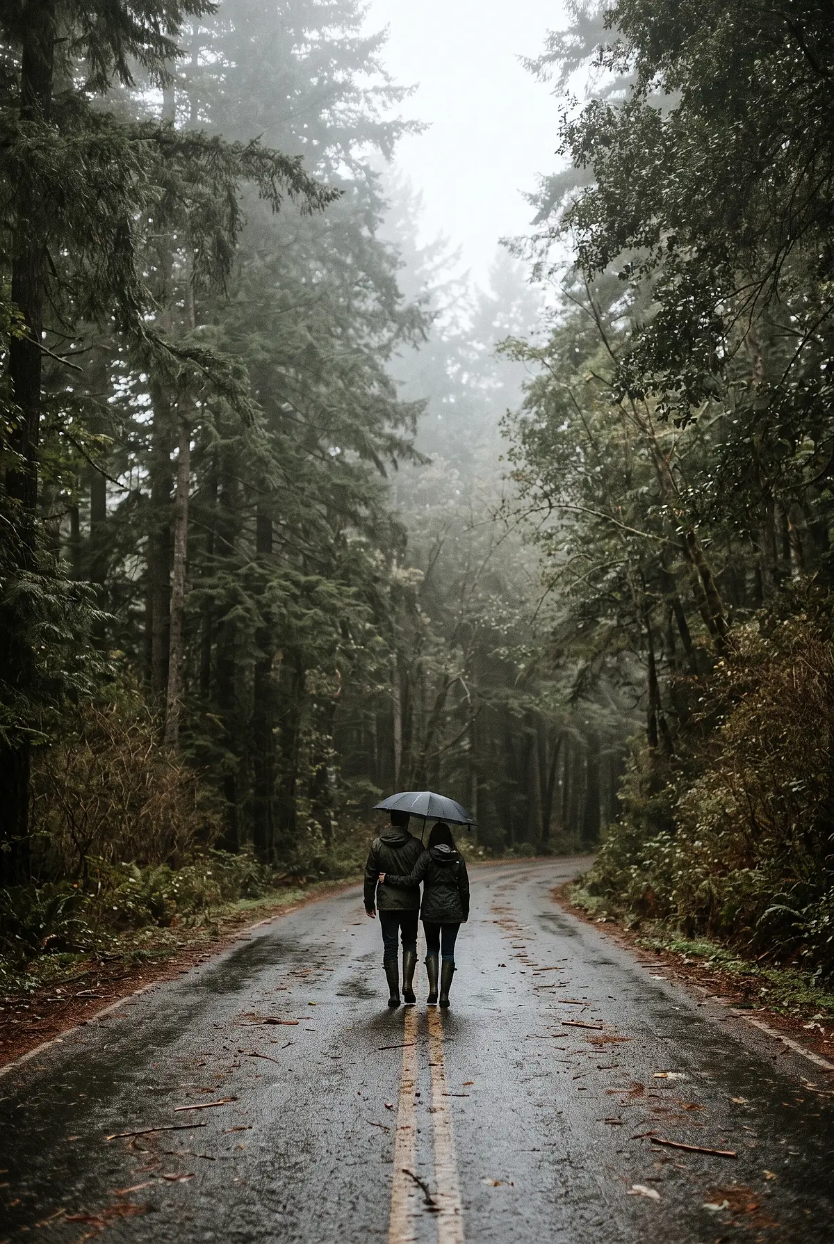 A couple walking together under an umbrella on a wet forest road in the mist.