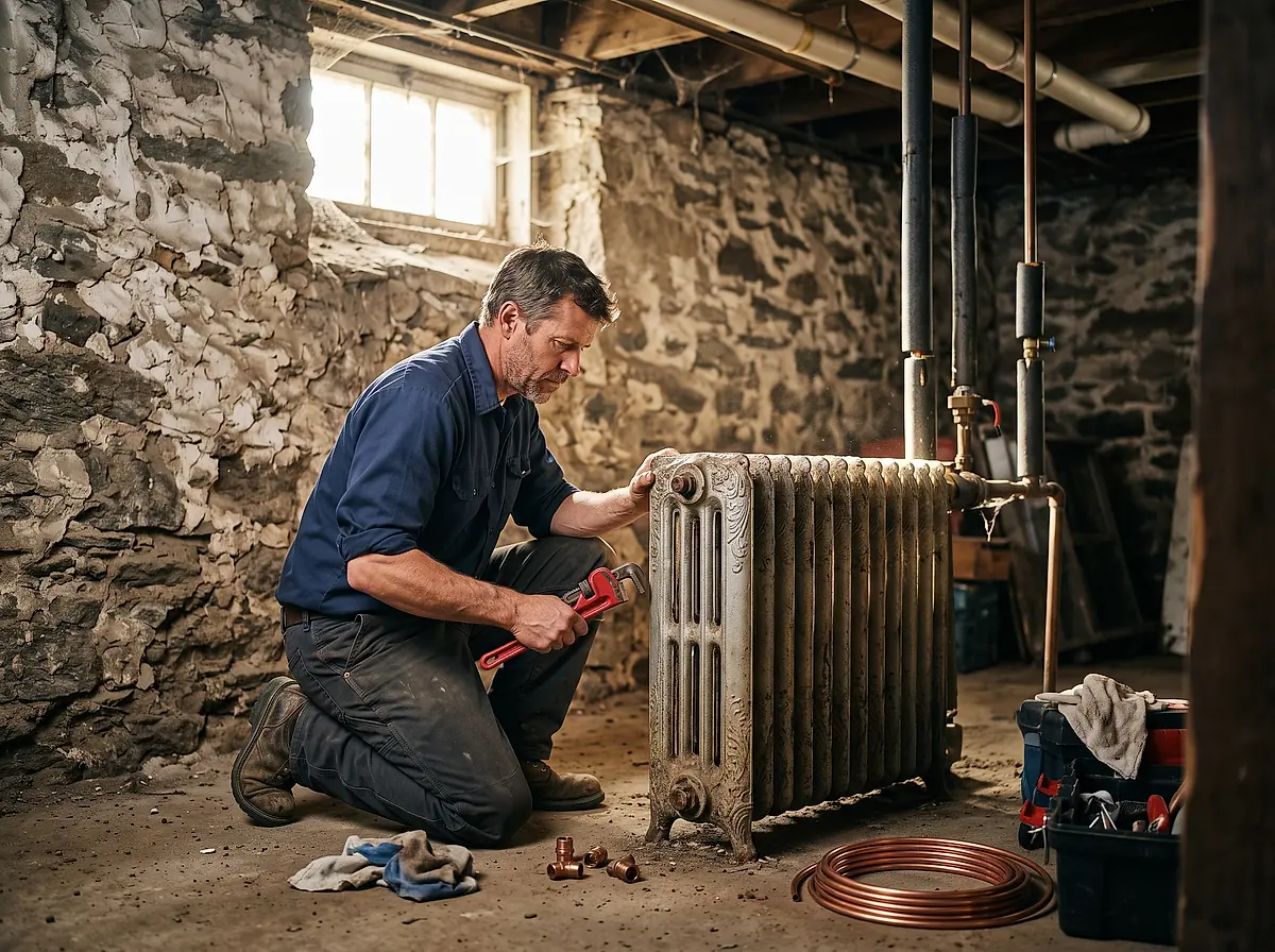 A plumber kneeling beside a cast-iron radiator in a cellar with stone walls, a pipe wrench in one hand