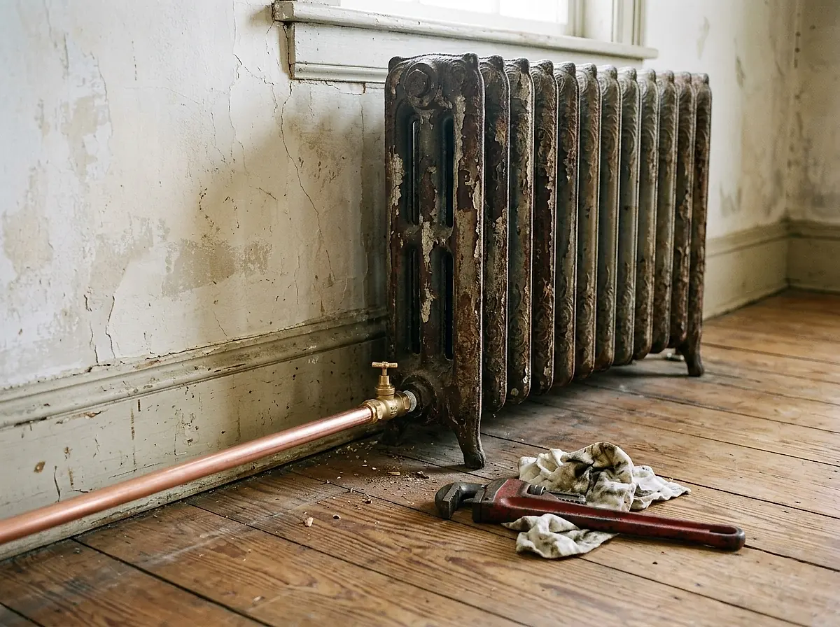 A cast-iron radiator against a plaster wall, with new copper pipe running along the baseboard to a brass valve