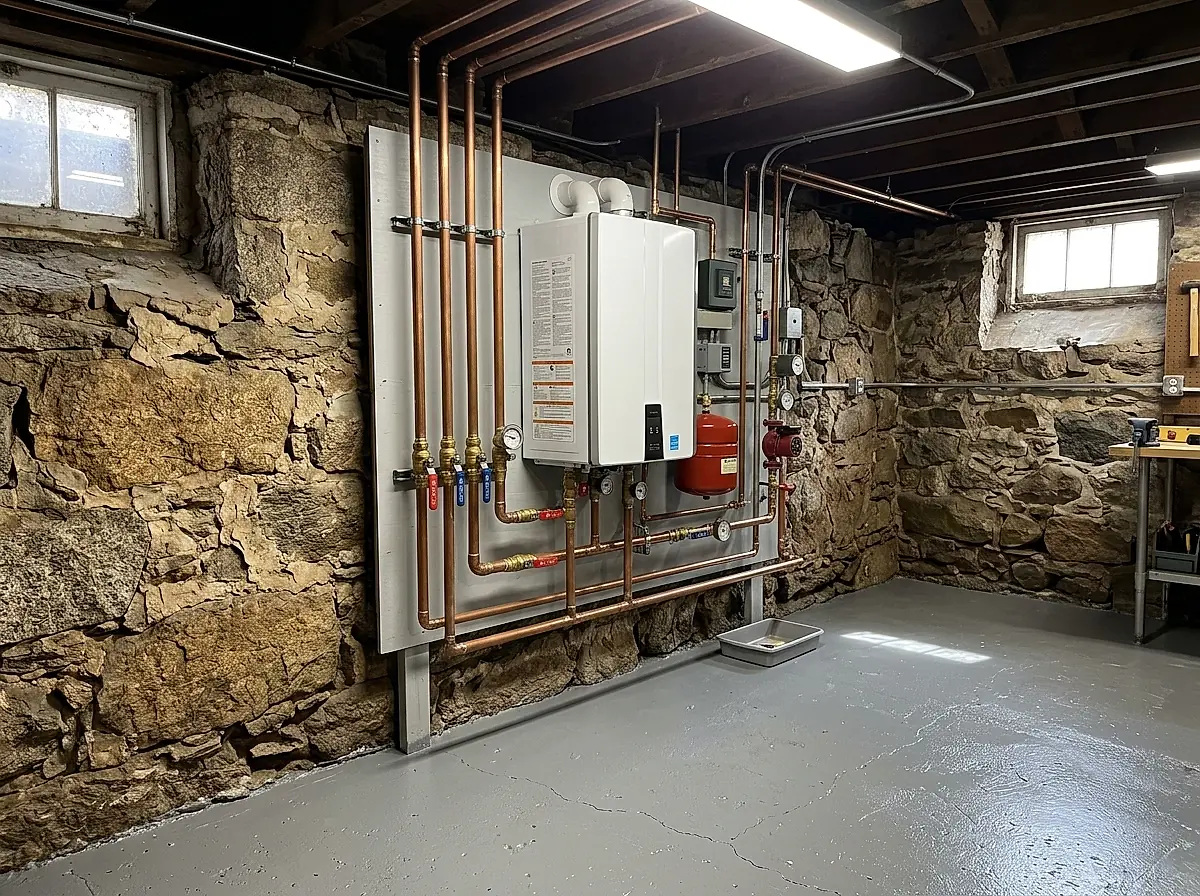 A wall-hung boiler with copper supply lines, brass valves and a pressure gauge in a stone cellar