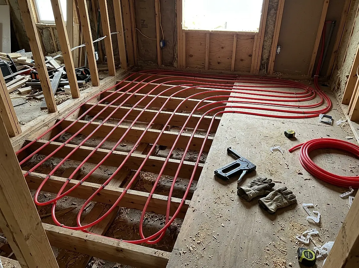 Red PEX tubing clipped in parallel loops across a subfloor for radiant floor heating