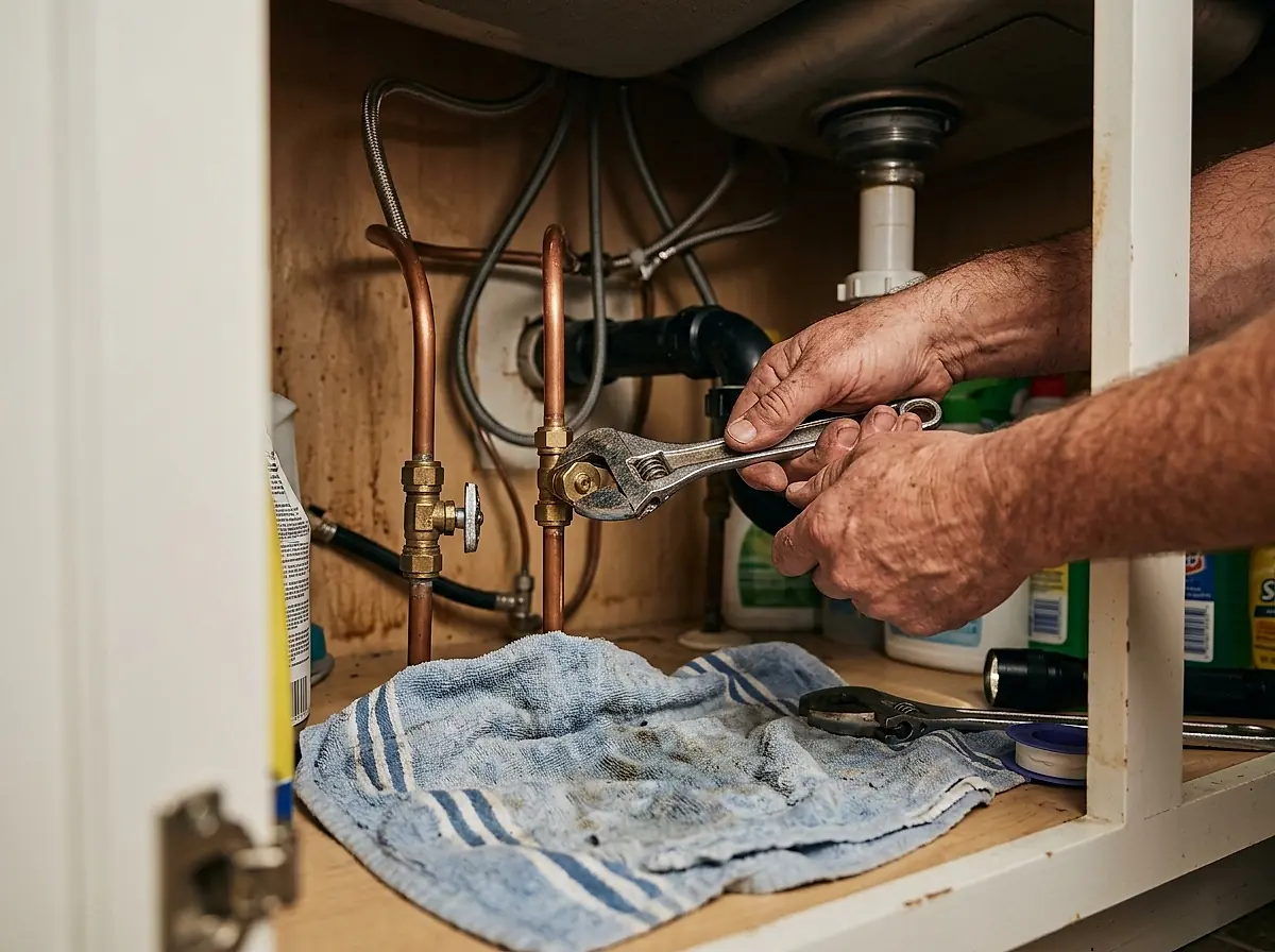 A plumber's hands tightening a copper fitting on a supply line under a kitchen sink