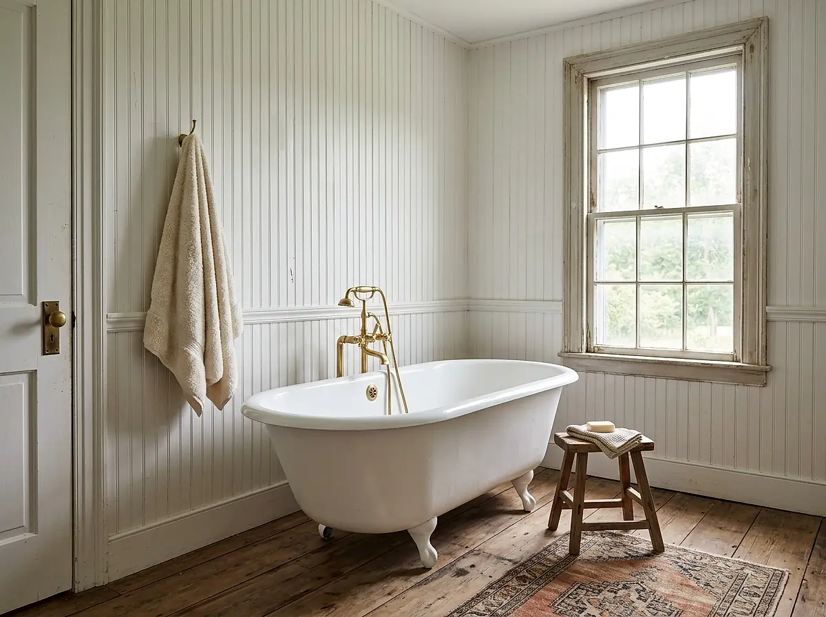 A renovated farmhouse bathroom with a freestanding tub and brass fixtures