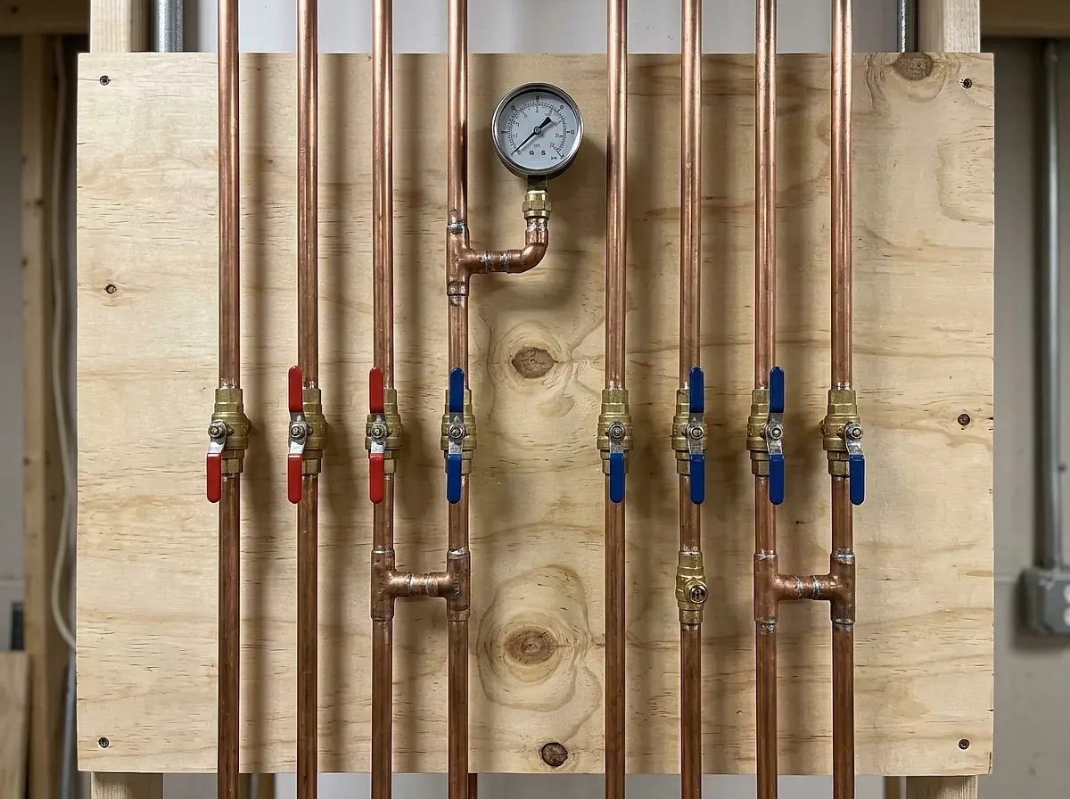 A neat manifold of copper pipes with brass ball valves mounted on a plywood panel
