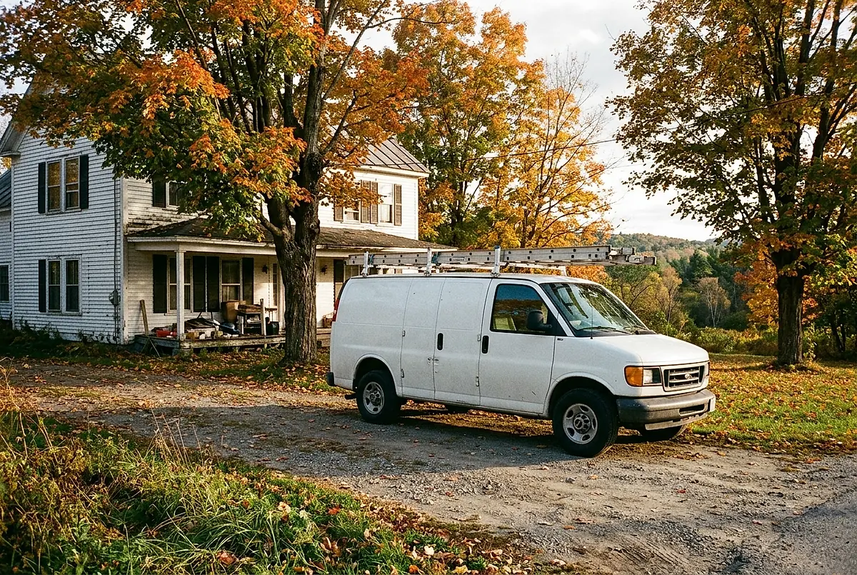 A plain white work van parked in the gravel driveway of an old clapboard house in autumn