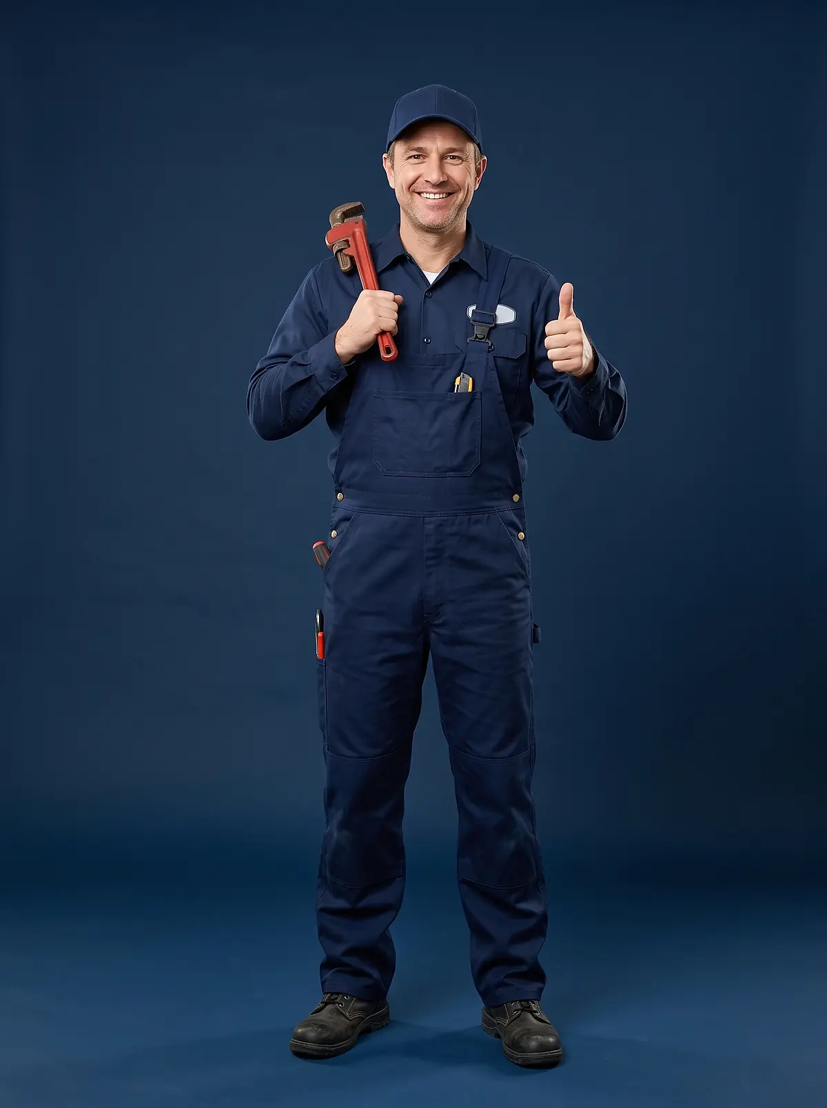 A Bluewater plumber in a navy uniform and cap, holding a pipe wrench and giving a thumbs up