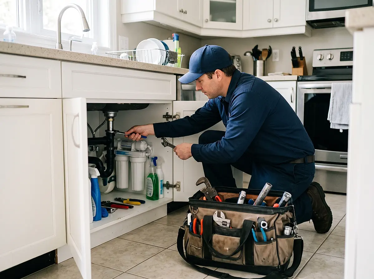 A plumber working under a kitchen sink with his tool bag on the floor beside him