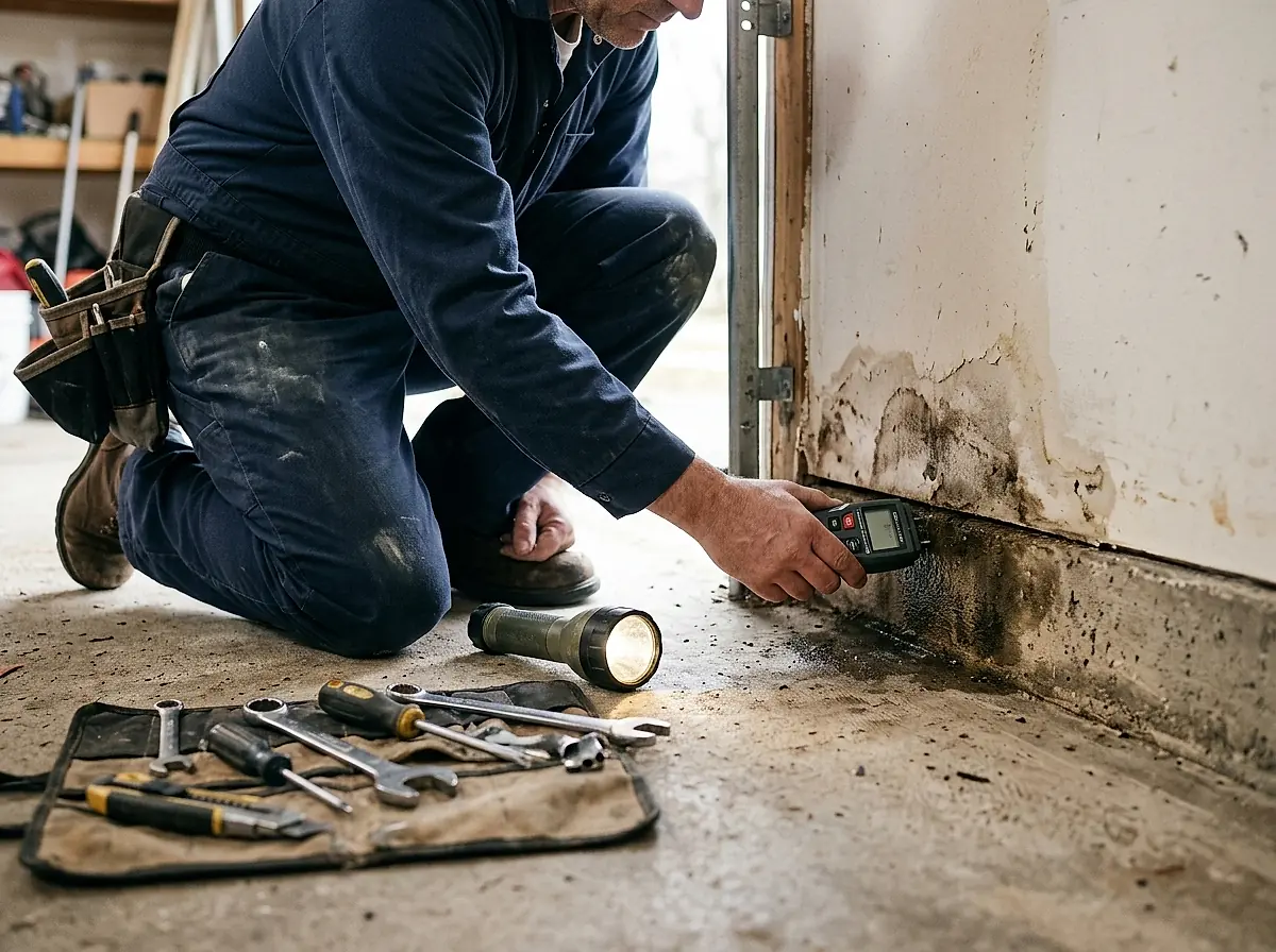 A plumber holding a moisture meter against a damp wall while looking for a leak