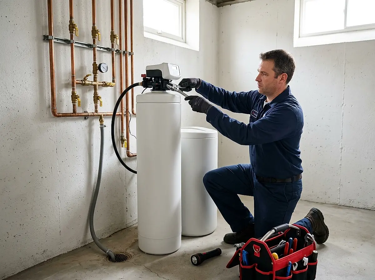 A plumber connecting the brine line to a water softener tank