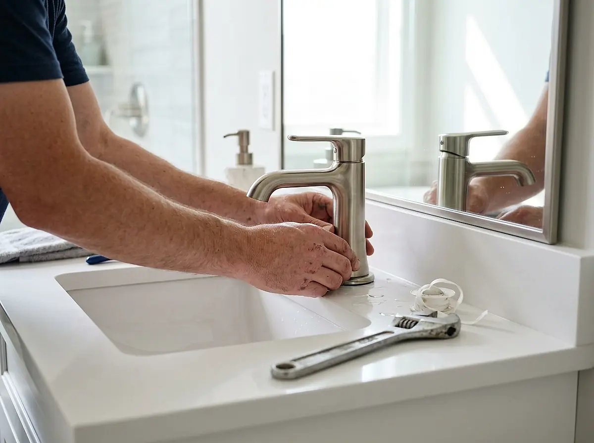 A plumber fitting a new faucet to a bathroom vanity