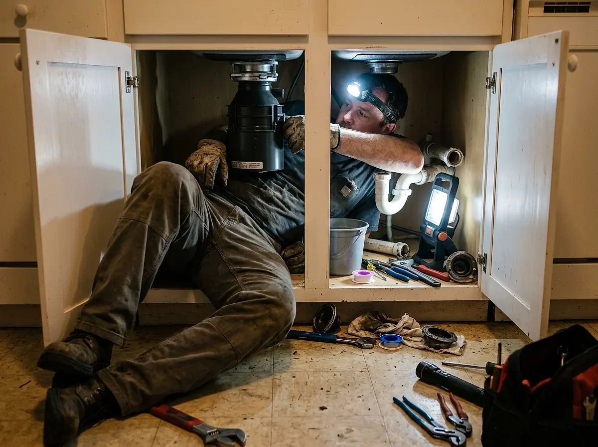 A plumber replacing a garbage disposal under a kitchen sink