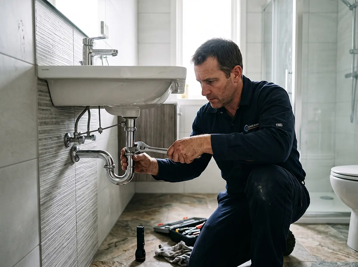 A plumber kneeling to tighten the trap under a bathroom sink