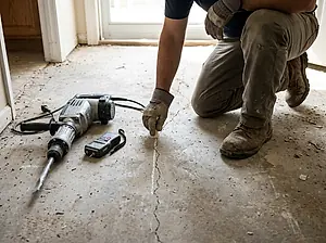 Chalk marks on a hallway floor where a slab leak was found