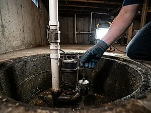 A sump pump being checked in its basement basin