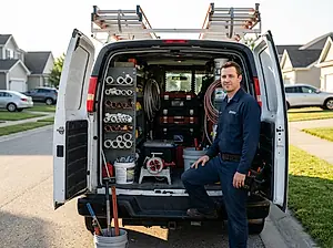 A plumber loading tools into the back of his van