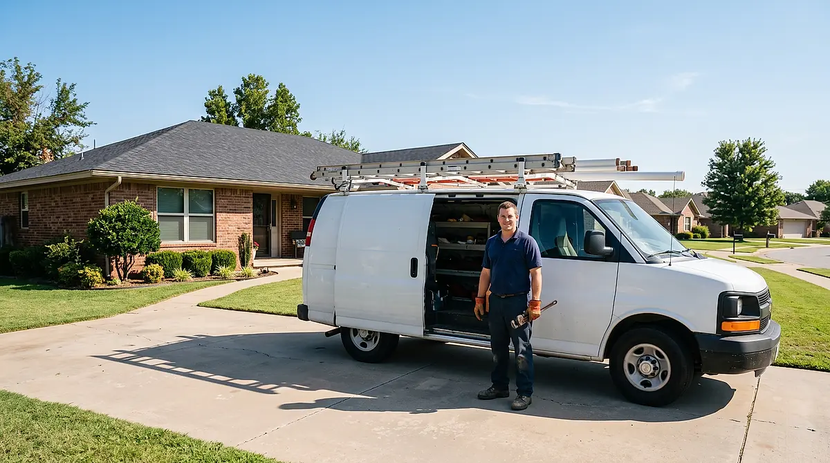 An Ironbark plumber standing beside the work van in the driveway of a Tulsa house.