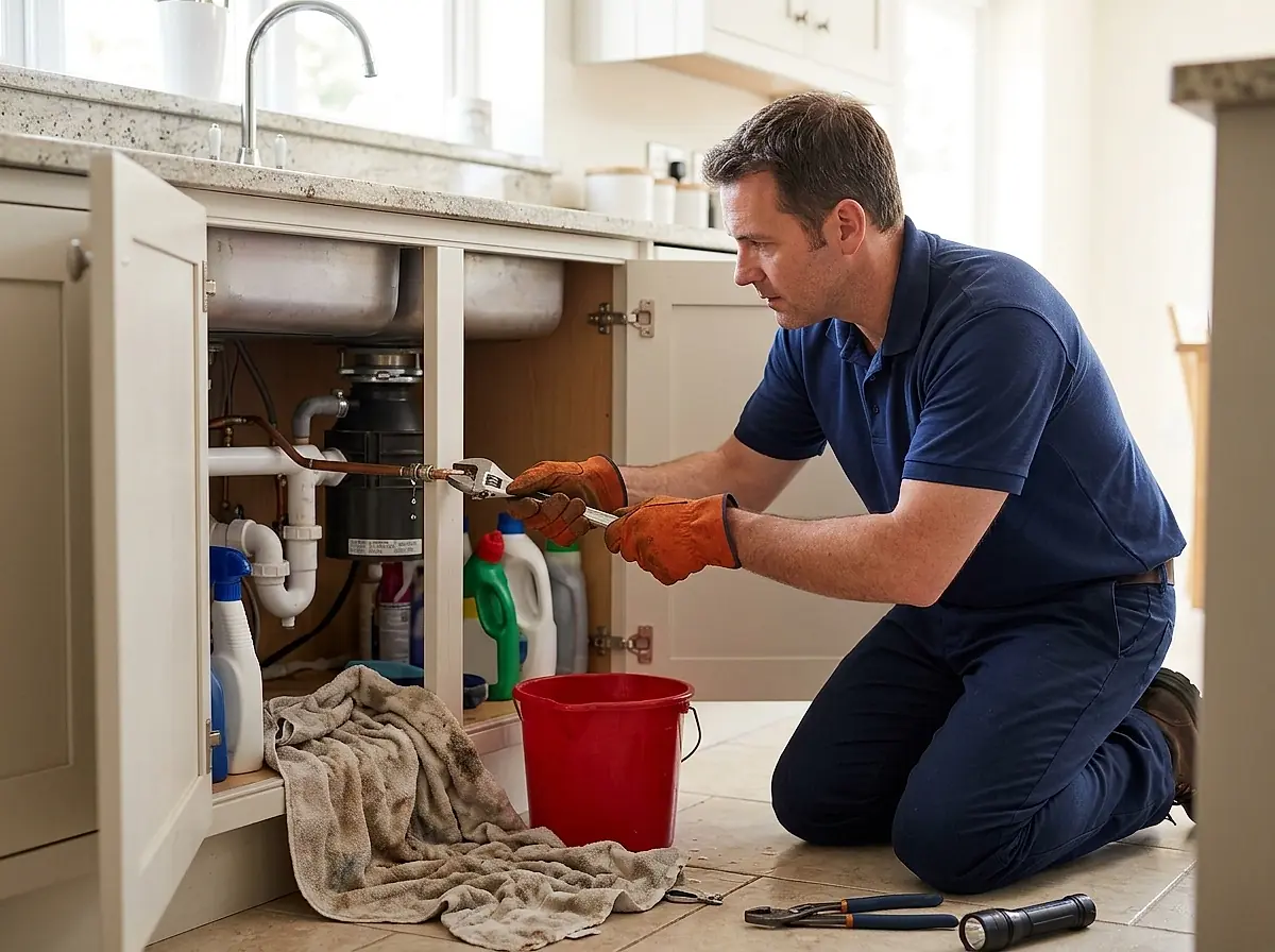 A plumber tightening a leaking copper supply line under a kitchen sink.