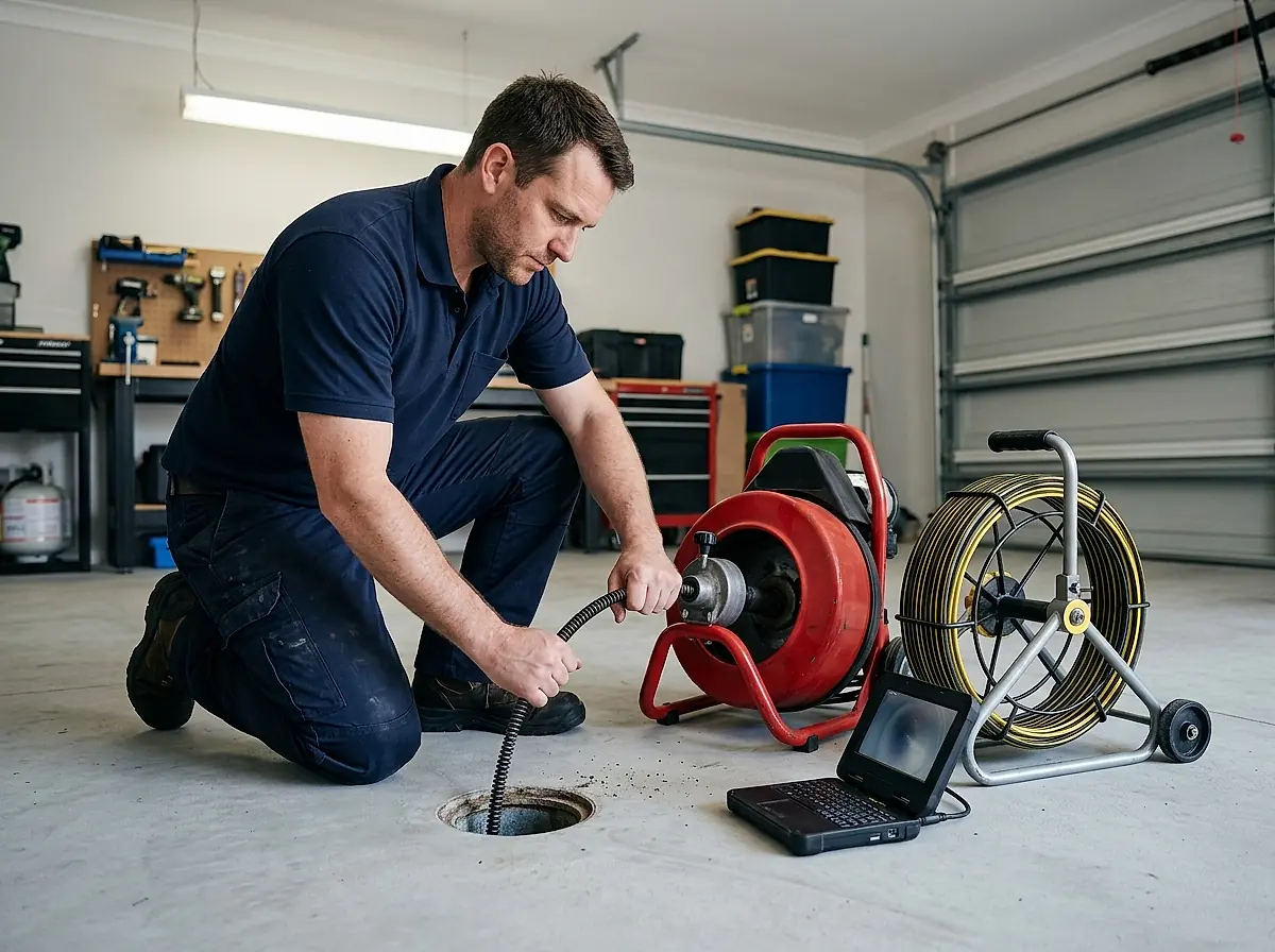 A plumber feeding a drain cleaning machine into an open floor drain.