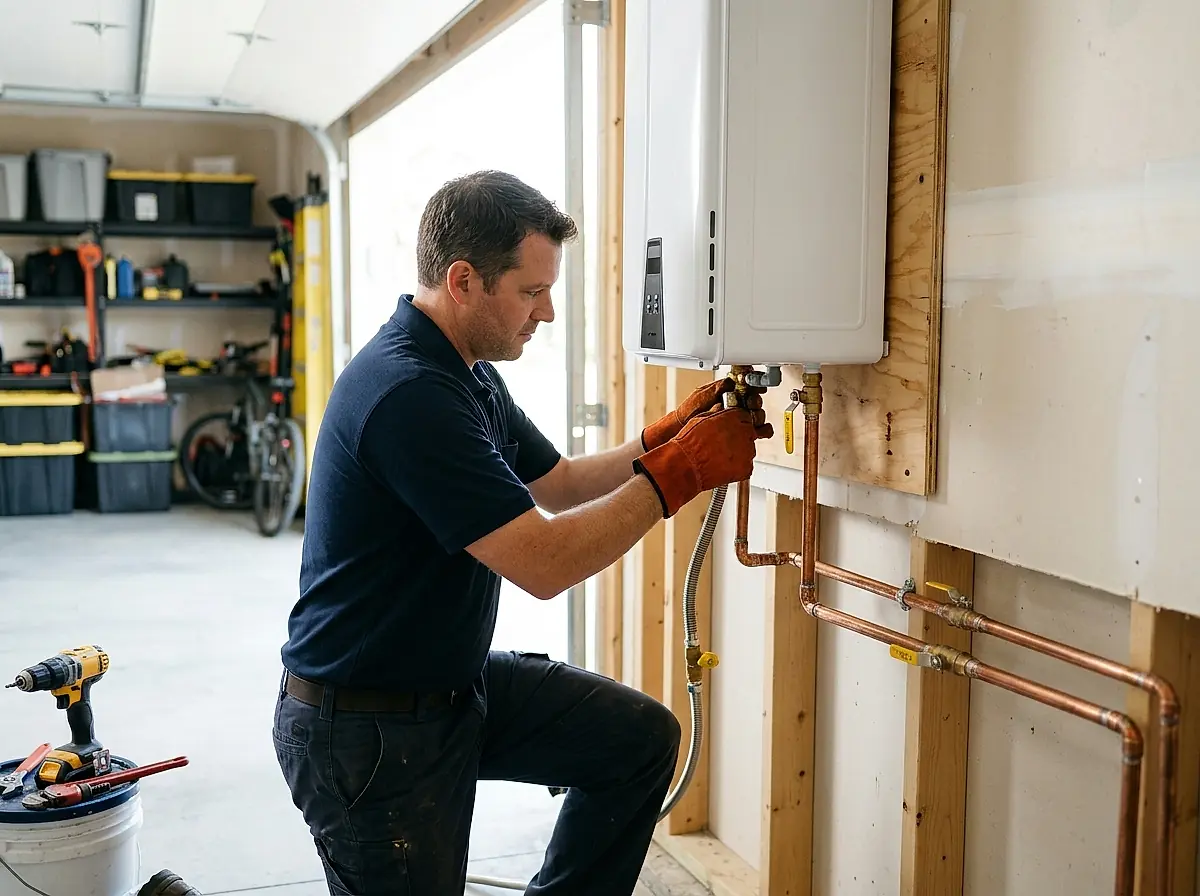 A plumber hanging a tankless water heater on a garage wall.