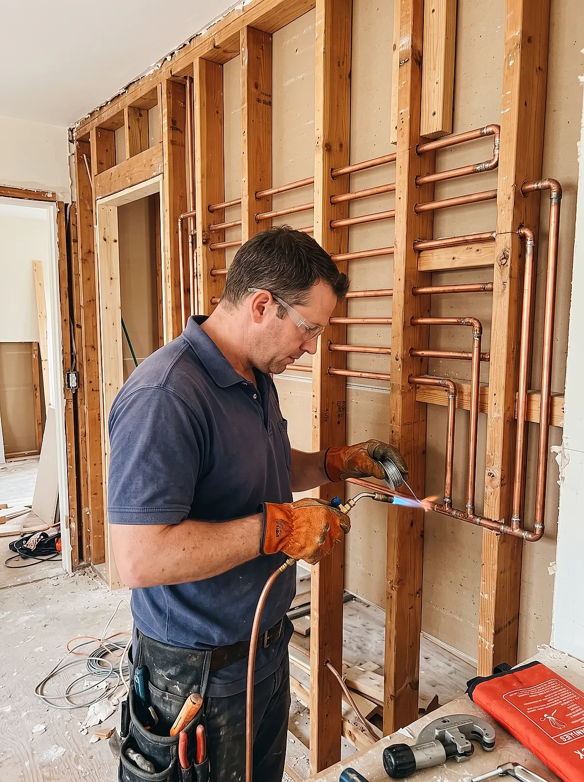 New copper water pipes running in neat rows through an opened wall.
