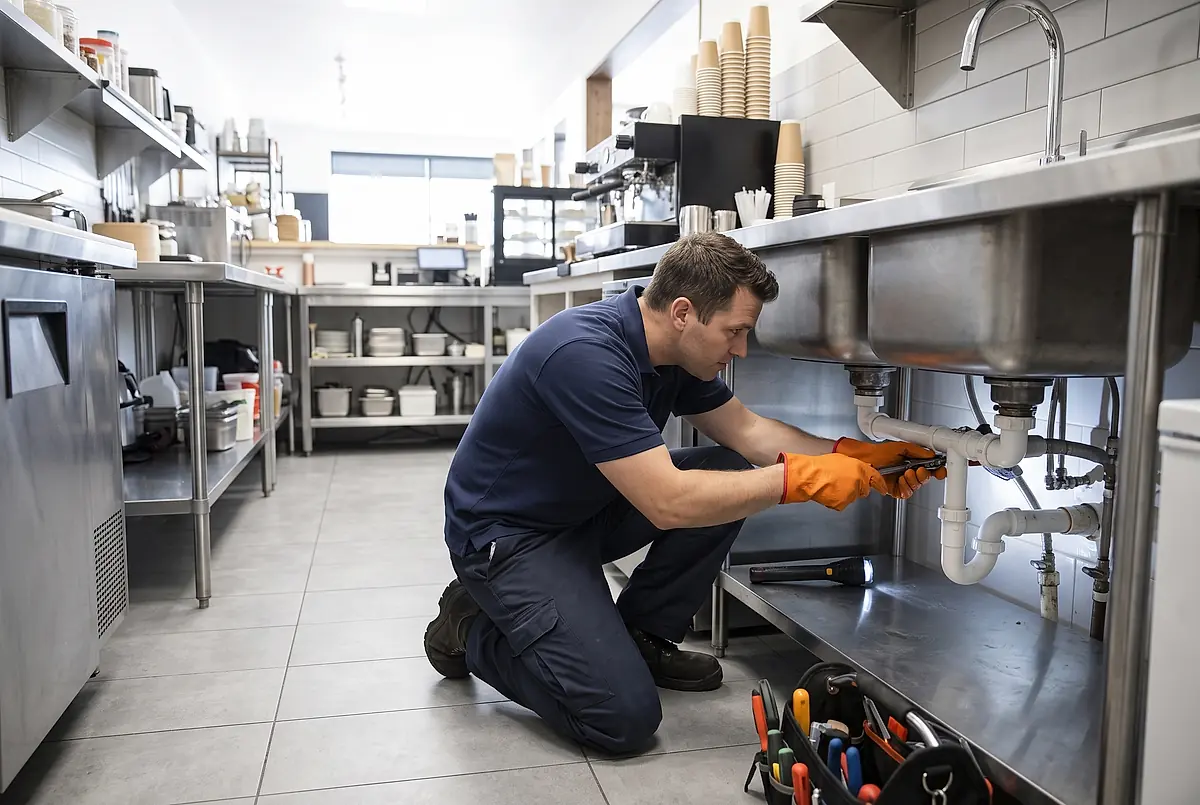 A plumber checking the pipework under a sink in a commercial kitchen.