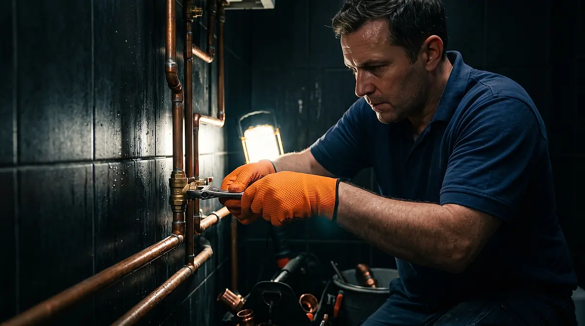 A plumber tightening a shut-off valve on copper pipes under a work light.