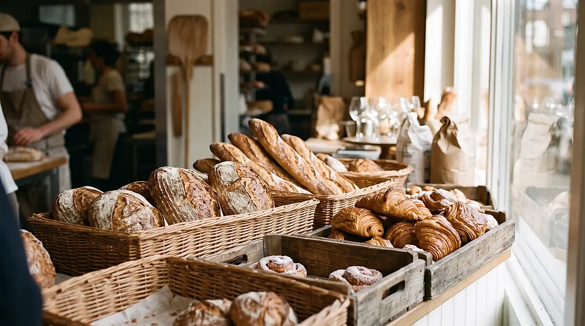 Baskets and trays of sourdough loaves, baguettes and croissants on the bakery counter.