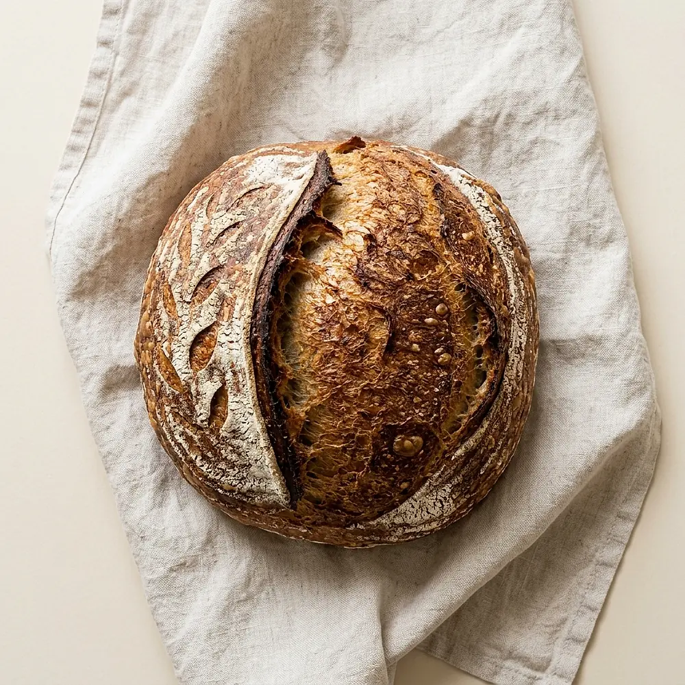 A round sourdough loaf with a dark crust resting on a linen cloth.