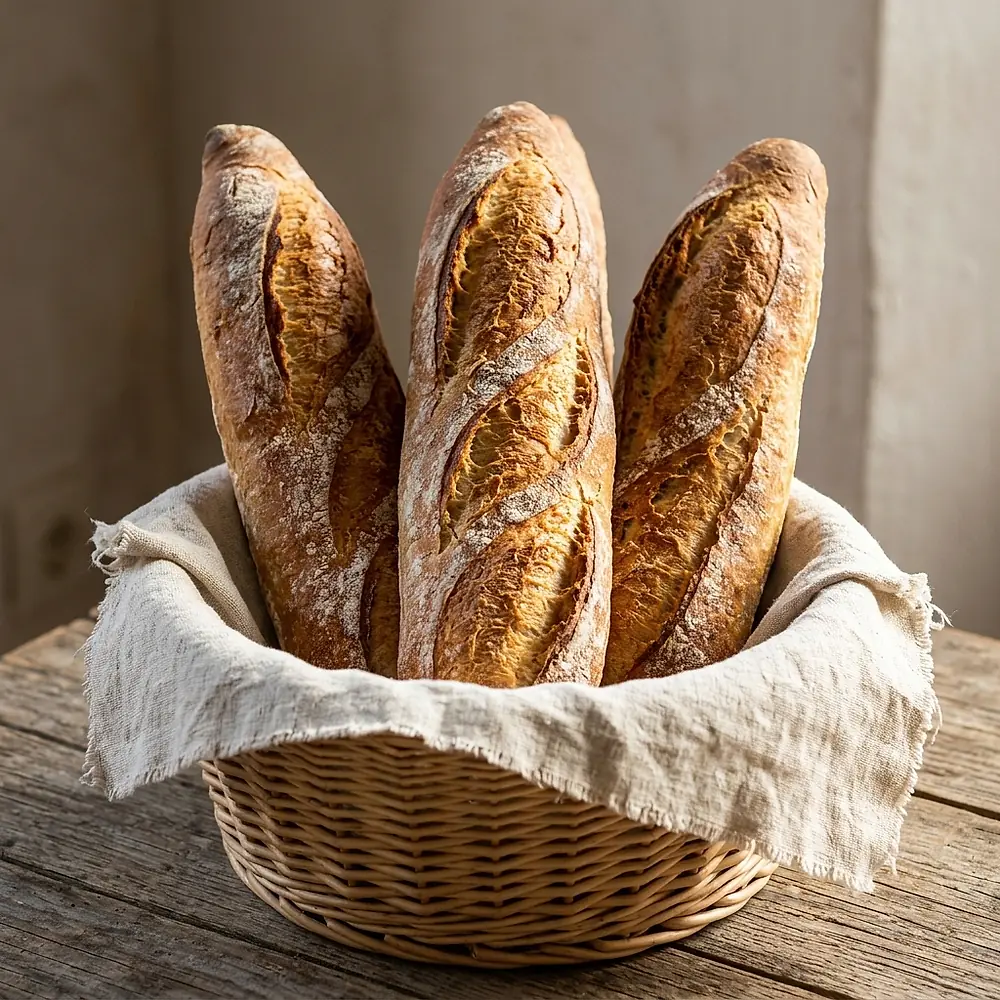 Three baguettes standing in a linen-lined basket.
