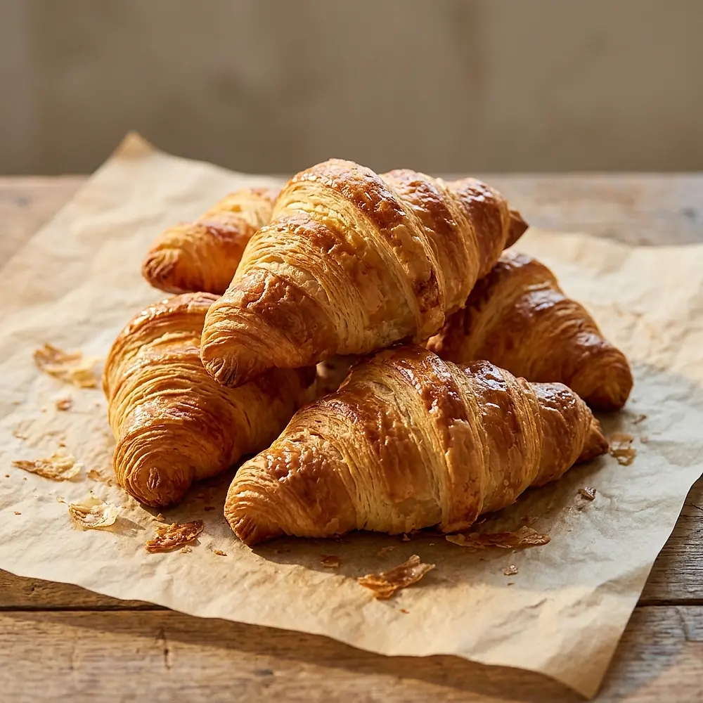A small pile of butter croissants on parchment.
