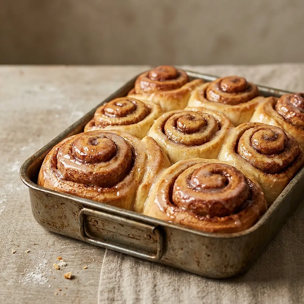 Glazed cinnamon buns sitting in a baking tray.