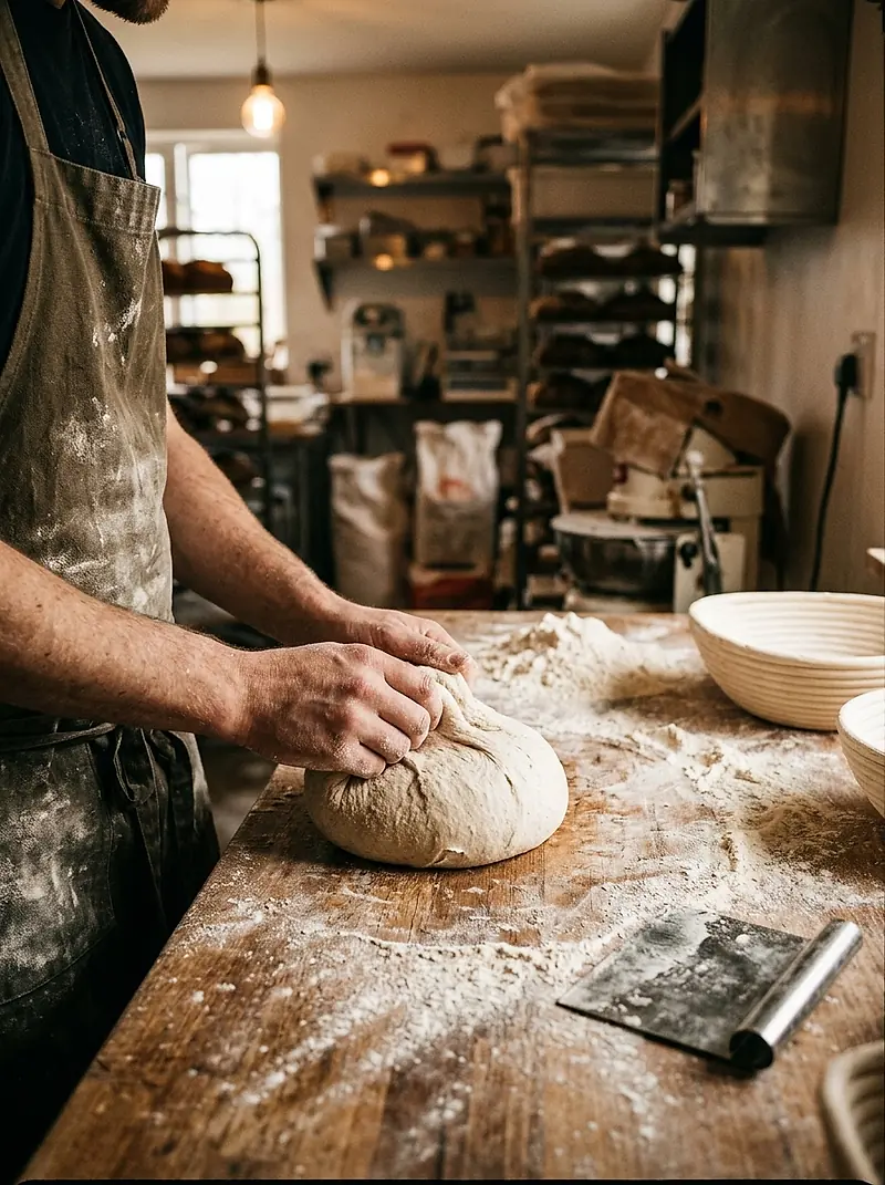 A baker shaping sourdough dough on a floured wooden bench.