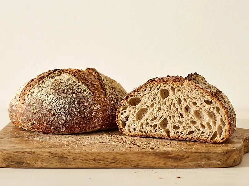 A sliced loaf on a wooden board, showing the open crumb.