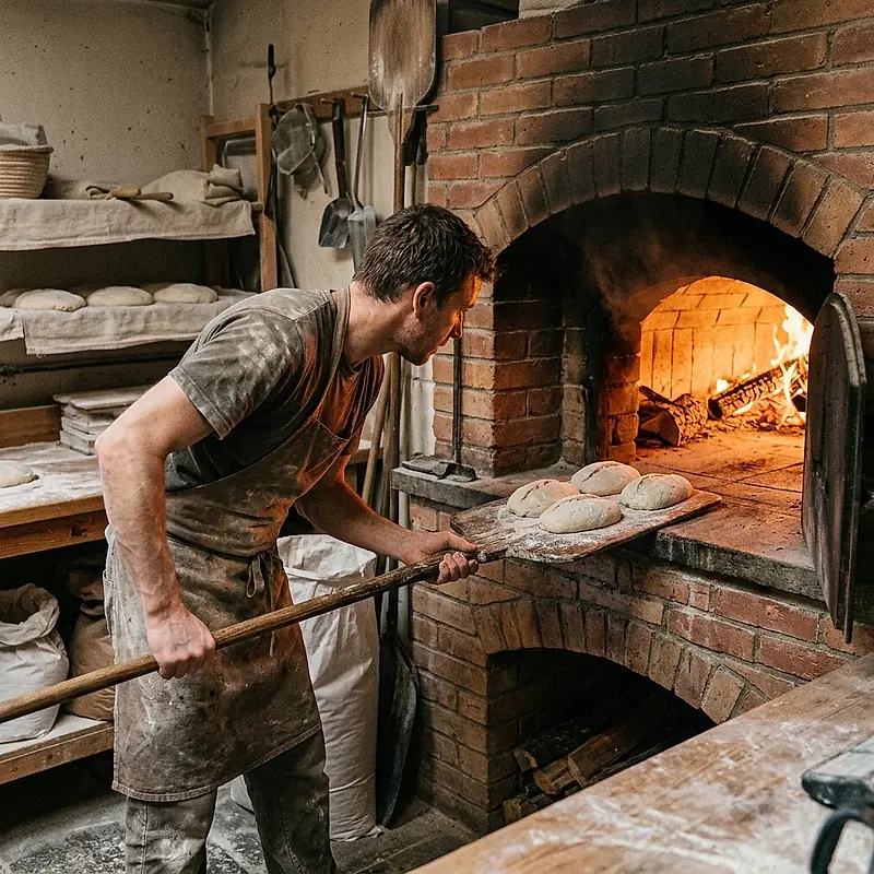 A baker taking loaves from the mouth of the wood-fired oven.
