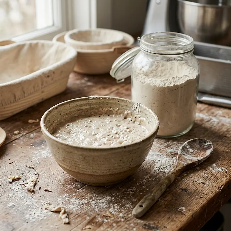 A stoneware bowl of sourdough starter beside a jar of flour.