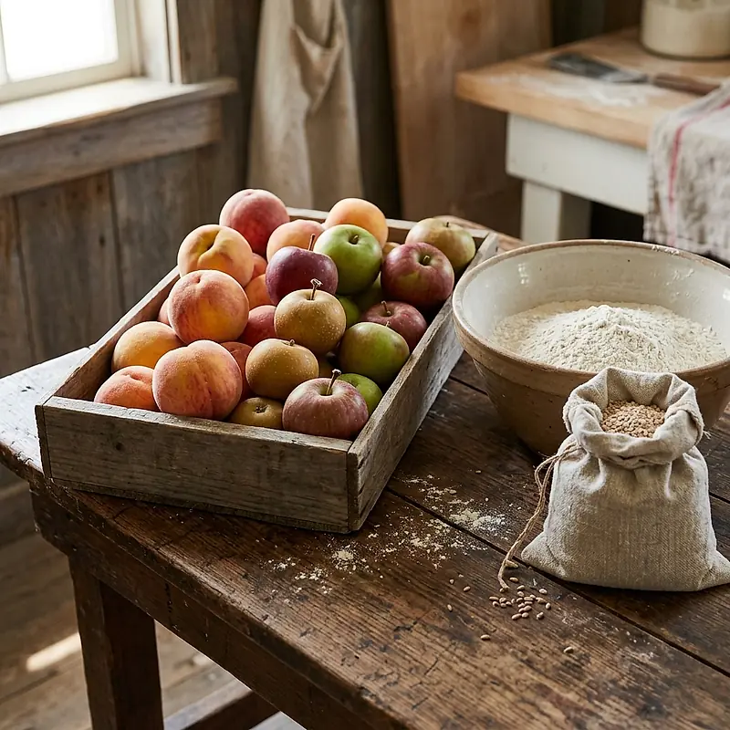A crate of seasonal fruit beside a bowl of flour and a sack of grain.