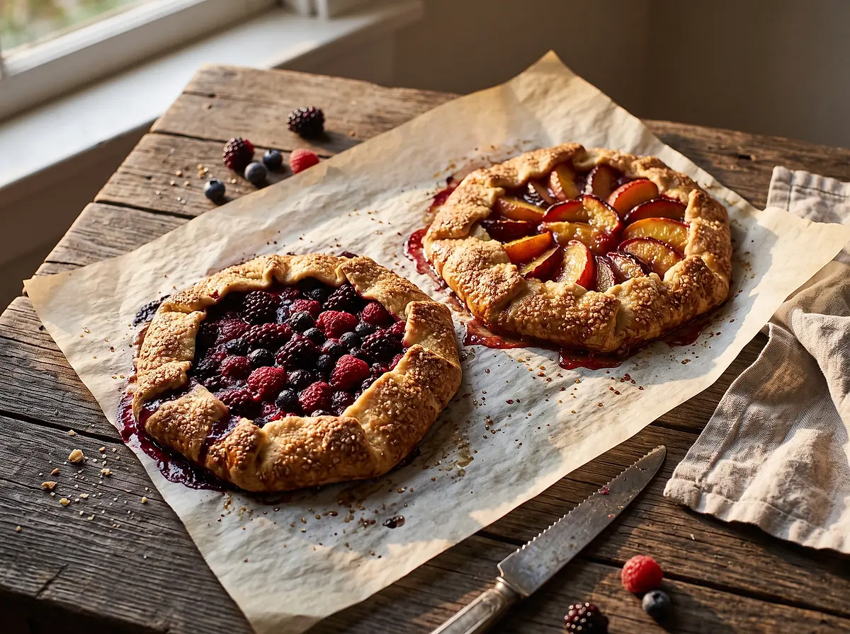 Two fruit galettes with folded pastry on a wooden table.