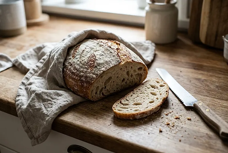 A loaf wrapped in a linen cloth with one slice cut away.
