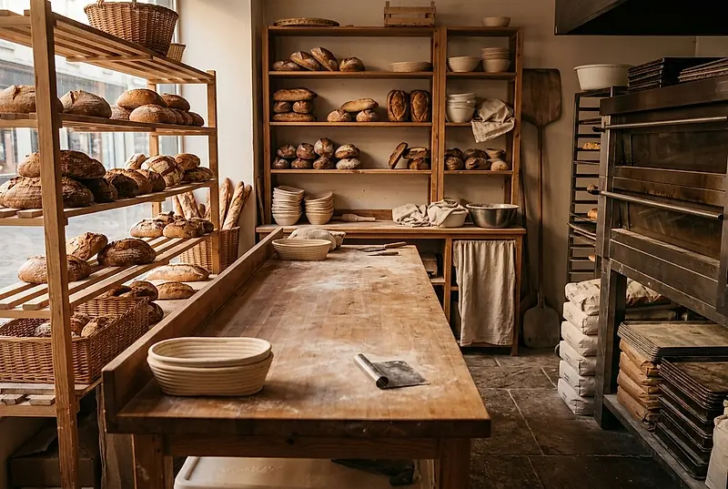 Shelves of bread and a flour-dusted bench before the shop opens.